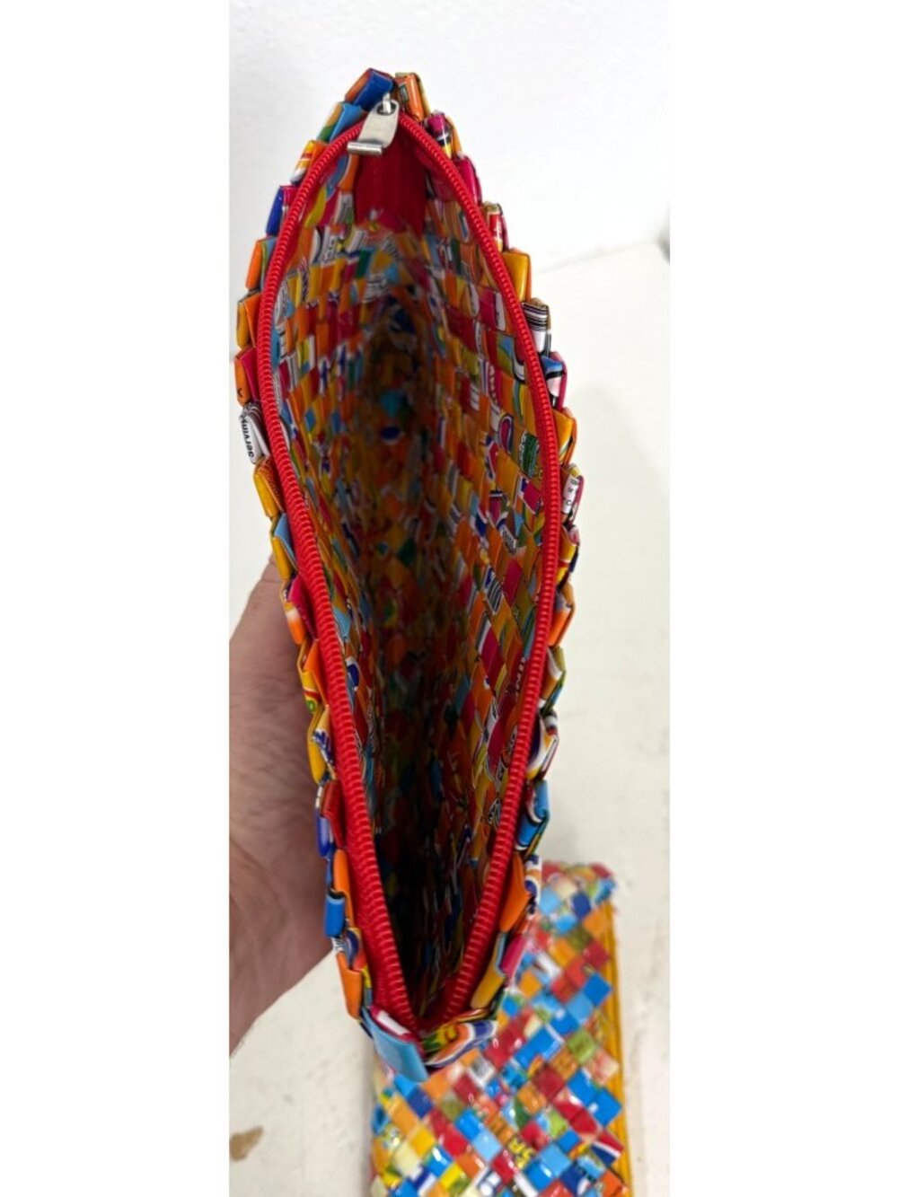 Handwoven Colorful Recycled Candy Wrapper Zipper Pouches Set Of 2 9x4.5" 10.5x7" - Picture 3 of 8